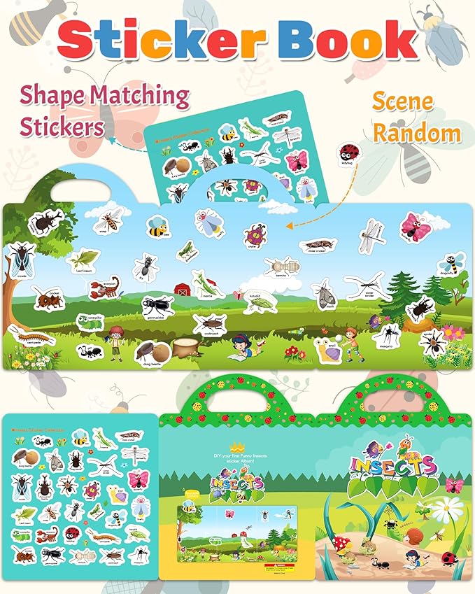 Benresive Reusable Sticker Book for Toddlers 2-4 Years, Fun Travel Stickers for Kids, Waterproof Sticker Books for Toddlers 1-3, Crafts Activities for Toddler 1-3 2-4 3-5 - Insect