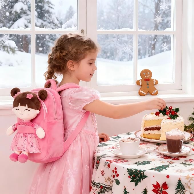 Gloveleya Back to School Gifts for Girls Kids Backpack Toddler Backpack Soft Plush Asian Girl Doll Backpacks Pink 9"