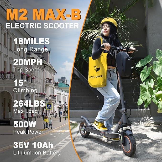 M2MAX-B Electric Scooter, 18 Miles Range, 350-500W Motor & Max Speed 20 Mph, 10" Pneumatic Tires, Cruise Control, Folding Commuter E-Scooter for Adults,with Locking Function