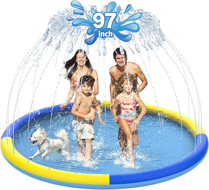 97" Non-Slip Splash Pad for Kids and Dog, Thicken Sprinkler Pool Summer Outdoor Water Toys, Extra Large Backyard Wading Pool for Children Boys & Girls or Pet Dog (Blue&Yellow)