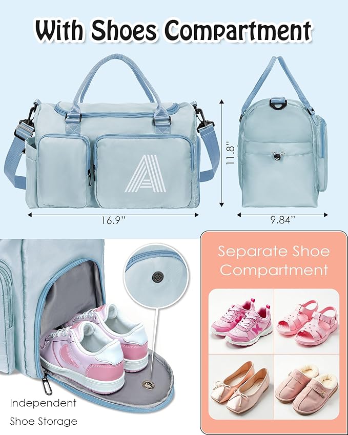 Girls Gift, Initial Gym Bag, Kids Travel Duffle Bag, Sports Bag, Personalized Weekender Bag, Overnight Bag, Light Blue, V