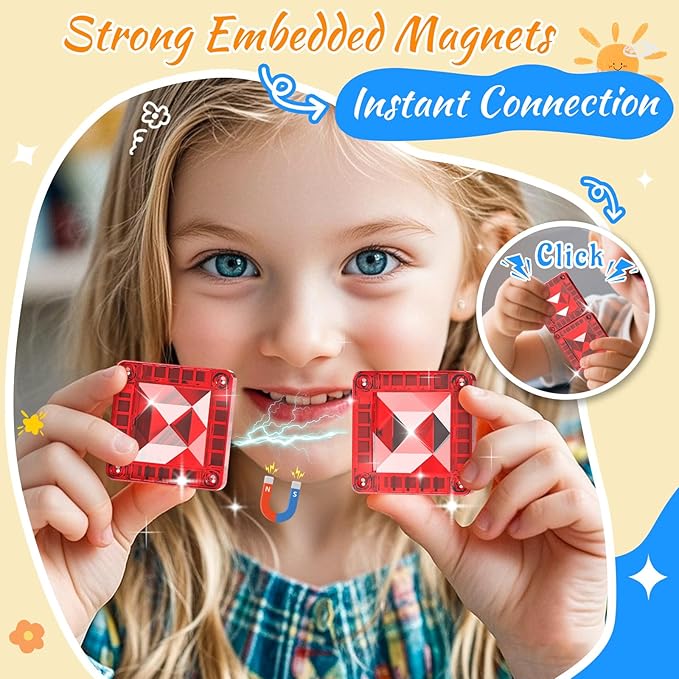 Mini Magnetic Tiles for Kids Ages 3-8, Travel Magnetic Building Blocks with Metal Storage Box, STEM Educational Toys, Montessori Sensory Learning Toys for Toddlers, Boys & Girls Gift for Christmas