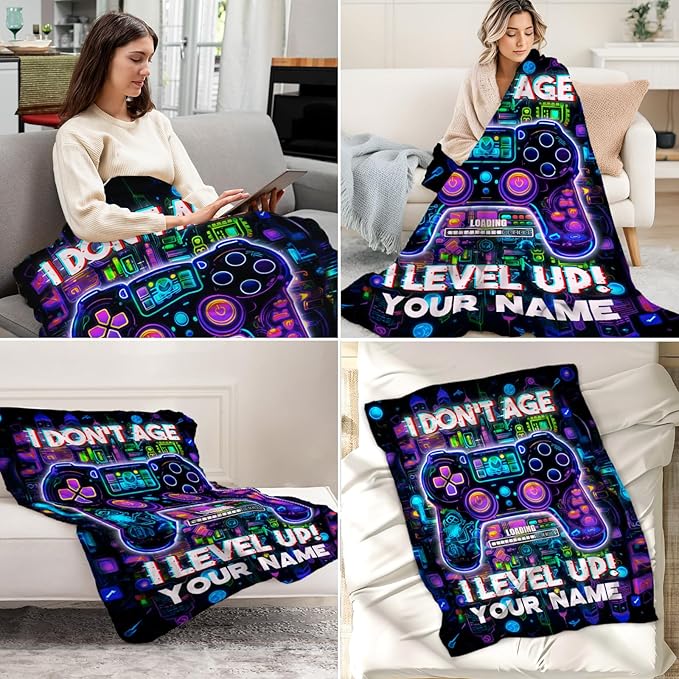 Personalized Gaming Blanket Gifts for Men - Plush Warm Black Gamer Throw Blanket - 60" x 80" Inches Twin Size for Bed - Cool Gamer Stuff