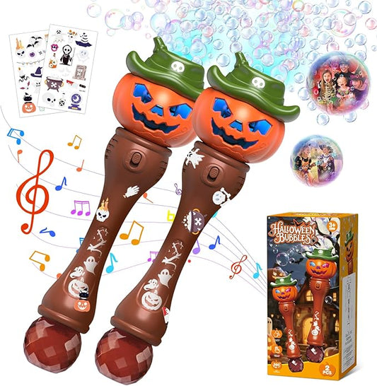 Halloween Pumpkin Bubble Wand for Kids - 2 Pack Automatic Bubble Machine Blower Toys for Toddlers 3-8 with LED Lights, Music Function, DIY Stickers,10 Refill Solutions, Halloween Party Favors Gifts
