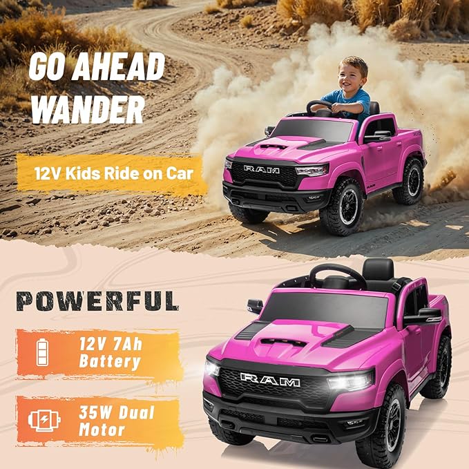 Ram 1500 Ride on Toys for Kids 4-8, Ride on Pickup Truck for Toddlers with Remote Control,12V Battery Powered Car with Trunk, Bluetooth, Music, Safety Belt (Pink)