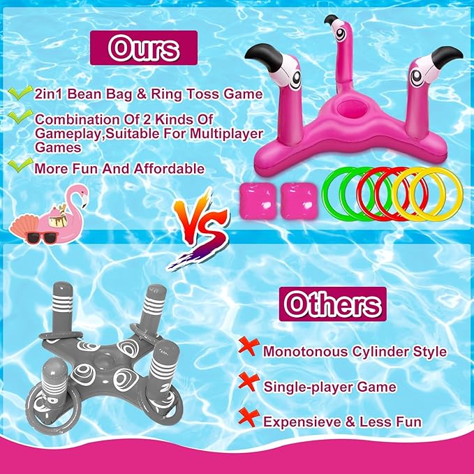 2 Pack Inflatable Flamingo Pool Toys Games Set, 2-in-1 Floating Pool Rings Toss & Cornhole Summer Swimming Luau Party Decor Hawaii Beach Toy Luau Party Games Supplies for Kids Adults Family