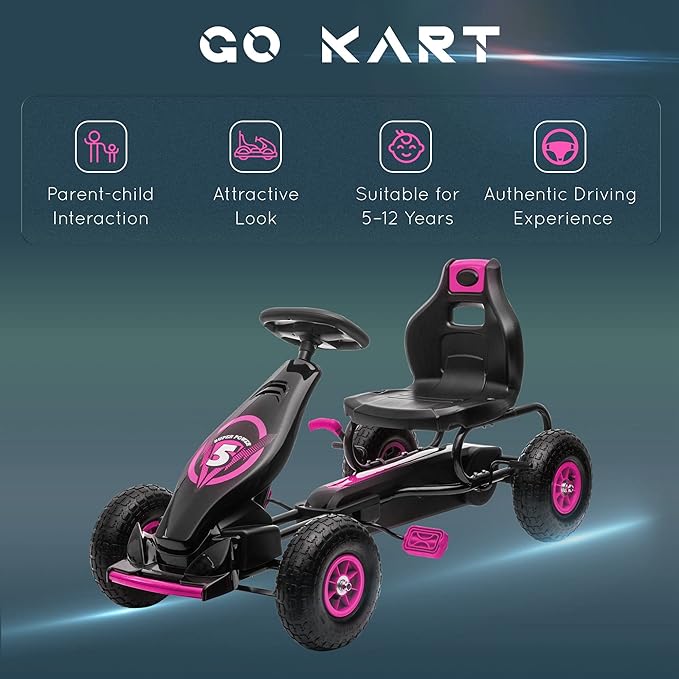 Aosom Kids Pedal Go Kart Ride-on Toy with Ergonomic Comfort, Pedal Car with Tough, Wear-Resistant Tread, Go Cart Kids Car for Boys & Girls with Suspension System, Safety Hand Brake, Ages 5-12, Pink