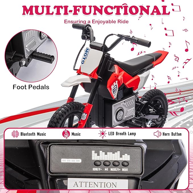 Electric Motorcycle for Kids Ages 5-10, 24V 200W Higher Speed Electric Dirt Bike, Kids Ride On Motorcycle with Rear Wheel Shock Absorber, LED Breath Light, Bluetooth, Music, Horn, Red