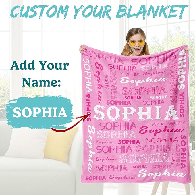 Ship Next Day, Personalized Baby Blanket with Name - Printed in USA, Custom Name Blanket for Boys Girls Kids, Customized Flannel Blankets Gifts for Teen Shower Toddlers Christmas Brithday