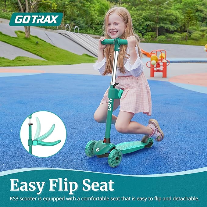 Gotrax KS3 Kids Kick Scooter, LED Lighted Wheels, Adjustable Height Handlebars and Removable Seat, Lean-to-Steer & Widen Anti-Slip Deck, 3 Wheel Scooter for Kids Ages 2-8 and up to 100 Lbs