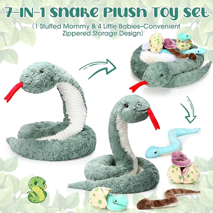 Leitee Giant Snake Stuffed Animal 63 Inch Large Mommy with 4 Babies & 2 Eggs Realistic Stuffed Snake Plush Toys for Kids Christmas Halloween Party Favors Prank Props Gifts(Vivid Style)