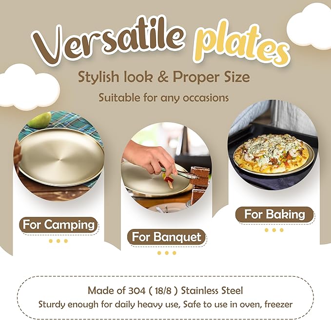 HaWare 4-Piece 18/8 Stainless Steel Plates, Metal 304 Dinner Dishes for Kids Toddler Children, 8 Inch Feeding Serving Camping Plate, Reusable Dinnerware, Unbreakable & Non-toxic, Dishwasher Safe, Gold