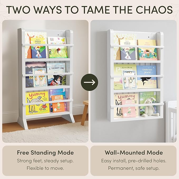 Kids Bookshelf - Baby Book Shelf for Kids Room with Montessori Furniture Sliding Whiteboard, Dry Erase Markers - Wooden Bookshelf for Kid Toddler, Nursery Bookcase for Classroom Bedroom