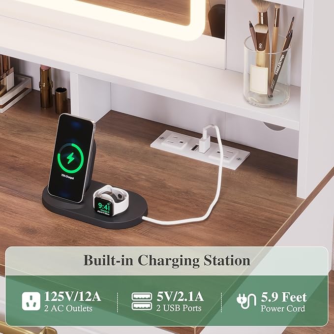 White Vanity Desk with Mirror and Lights 3 Colors, Makeup Vanity Table with Lights & Power Outlets,Makeup Desk with 5 Drawer and Storage Shelves, Jewelry Storage for Bedroom,White Vanity