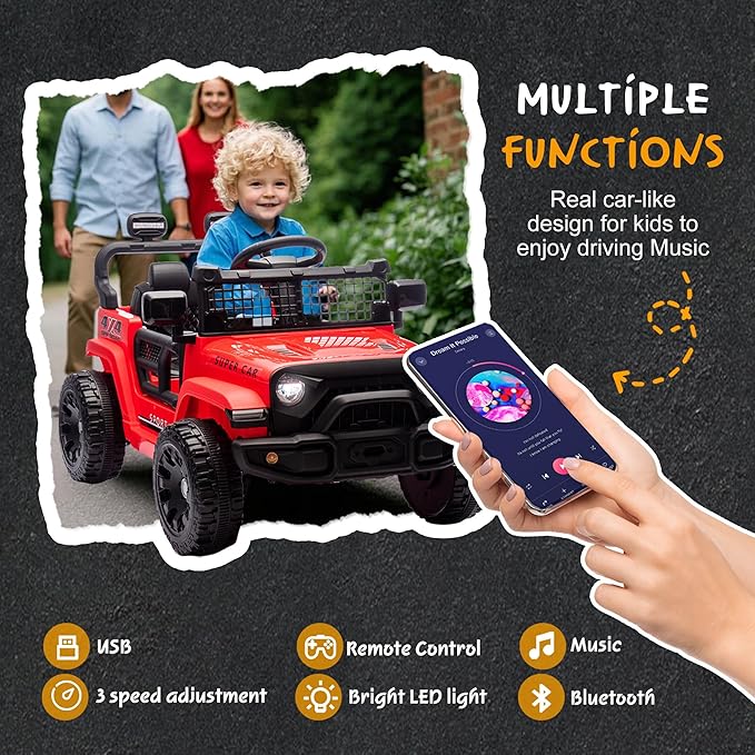 24V Ride On Jeep Car, Toddler Ride On Toys w/Parents Remote Control, 200W Power Motor Electric Car for Kids 2-4 with 4-Wheel Suspension, Bluetooth, Music, 1.86-3.11MPH Adjustable Speed, Red