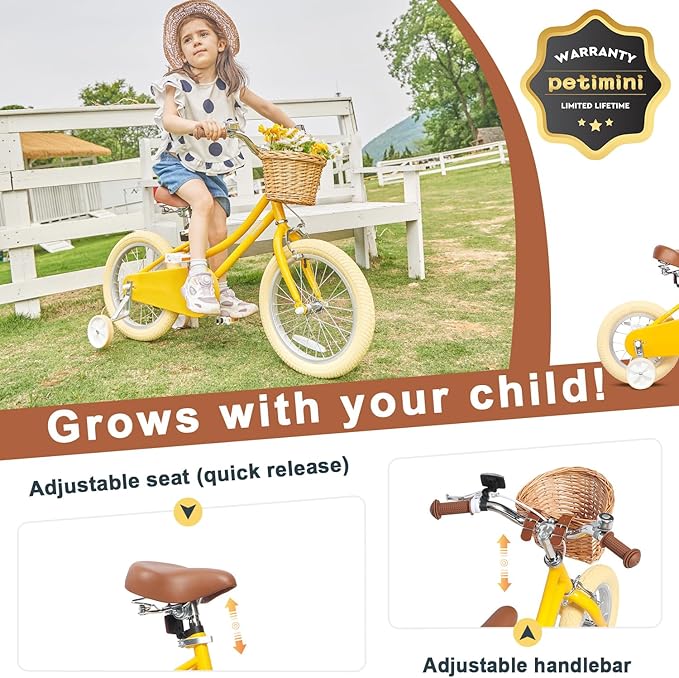 Petimini Girls Bike with Basket for 2-12 Years Old Kids, 12 14 16 18 20 Inch Bicycle with Bell Training Wheels Basket, Multiple Colors