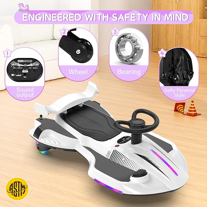 12V Electric Wiggle Car with Pedal for Kids, Rechargeable 2 in 1 Swing Car, Drifting Ride On Toys with Backrest, Anti-Rollover, Spray, Flashing Light, Music, for Ages 3 and Up, 150 Lbs (White)