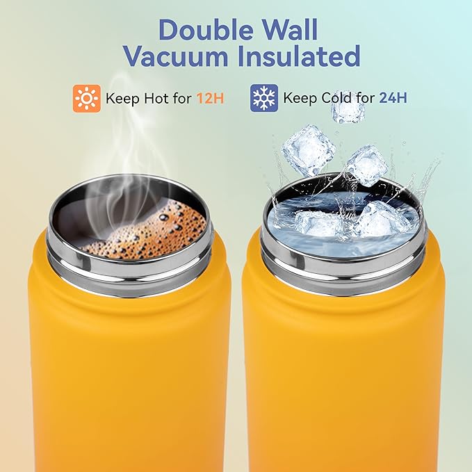 HASLE OUTFITTERS Insulated Water Bottle Kids 16 oz Double Wall Vacuum Stainless Steel Water Bottle Leak Proof for School Wide Mouth with Straw Lid Spout Lid Keeps Cold and Hot(Yellow and Orange,1pack)