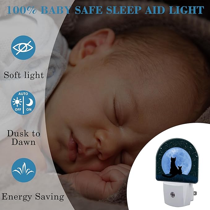 Plug in Night Lights Cat and Mouse Looking Moon Nightlight Plug Into Wall Dusk to Dawn Sensor LED Night Light for Kid Girls Boys Women Room Decor, Hallway, Kitchen, Bathroom, Nursery, Stairs