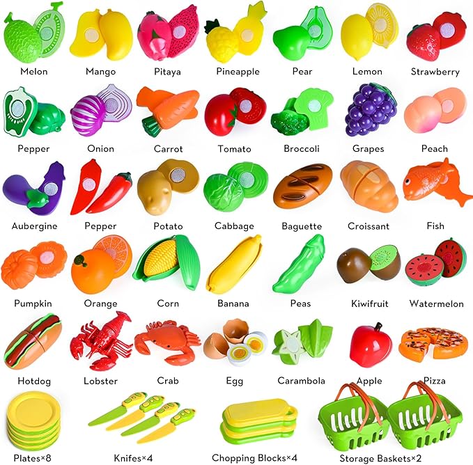 100 PCS Cutting Play Food Toy for Kids Kitchen, Pretend Food Toys for Toddlers, Play Kitchen Toys Accessories with 2 Baskets, Fake Food/Fruit/Vegetable, Birthday Gifts for 3 4 5 6 Years Old Boys Girls