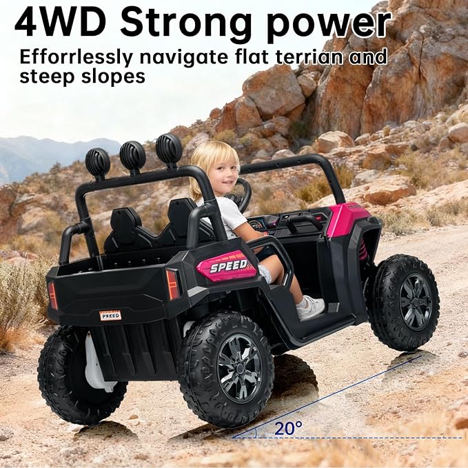 24V 2 Seater Kids Ride On Truck, 4WD Battery Powered Electric Car with Remote Control, Girls Tractor with 4x100W Powerful Motors, Bluetooth, Pink