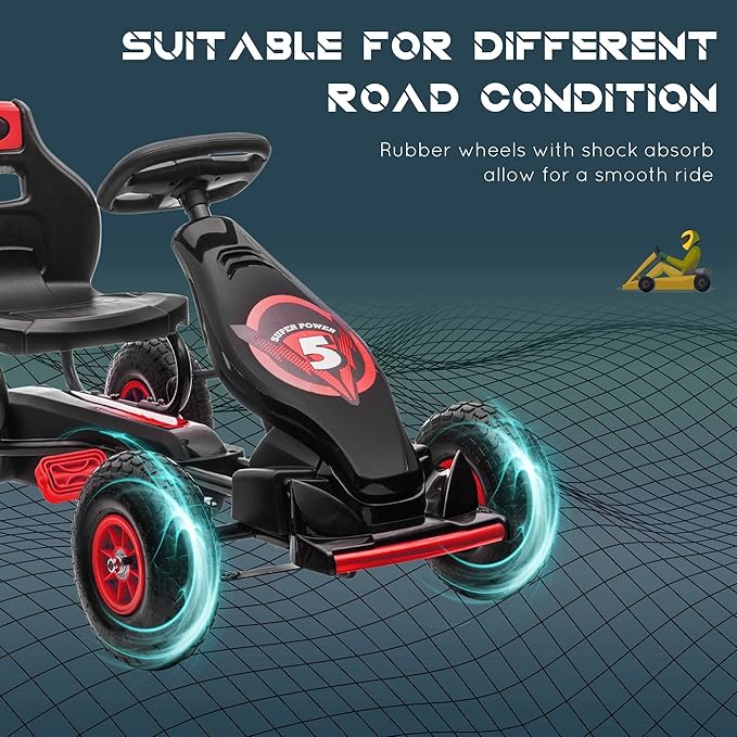 Aosom Kids Pedal Go Kart Ride-on Toy with Ergonomic Comfort, Pedal Car with Tough, Wear-Resistant Tread, Go Cart Kids Car for Boys & Girls with Suspension System, Safety Hand Brake, Ages 5-12, Red