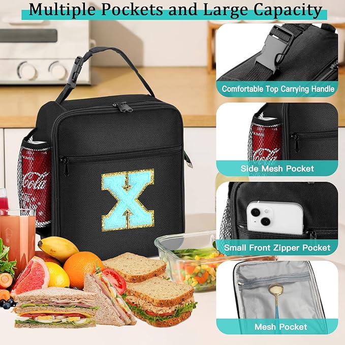 Initial Insulated Lunch Bag, Lunch Box with Initial Letter Patch for Teen Adult, Reusable Lunch Bag for Men Women, Ideal Back to School Gift Birthday Gift, Blue X