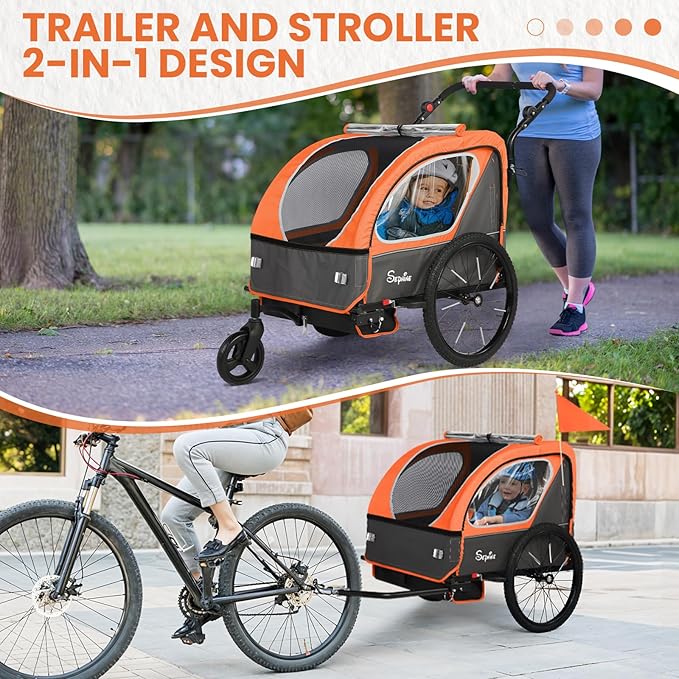 Sepnine Kids Bike Trailer, 2 in1 Canopy Carrier Converts to Pushcart Suitable for 1 to 2 Toddlers, Kids, Quick Attach to Bike, Foldable, with 5-Point Harness and Storage Bags