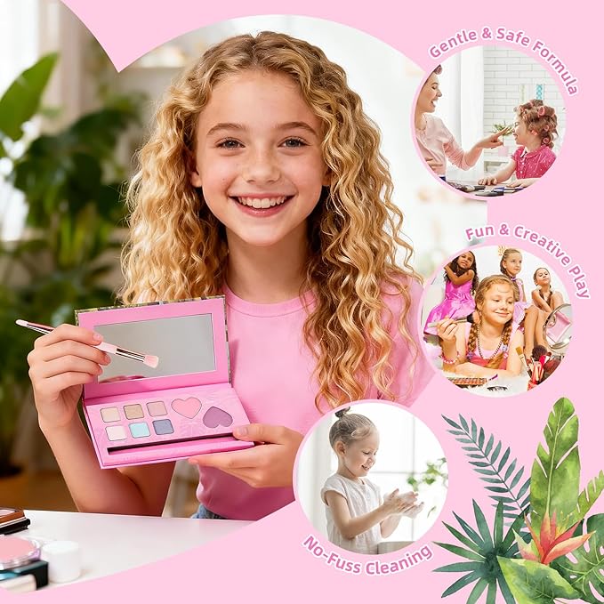 Color Nymph Girls Eye & Cheek Makeup Palette Kit - Eyeshadow & Blush & Highlighter Palette for Teens Girls Tweens, Beginner-Friendly, Gentle Makeup Kits for Starter, Makeup Gift for Christmas (Pink)