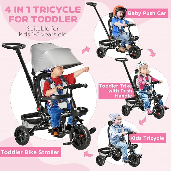 Qaba Kids Tricycle, 4 in 1 Foldable Trike with Reversible Seat, Adjustable Parent Handle, Safety Harness, Wheel Brakes, Removable Canopy, Storage, Tricycle for Toddlers 1-5 Years, Gray