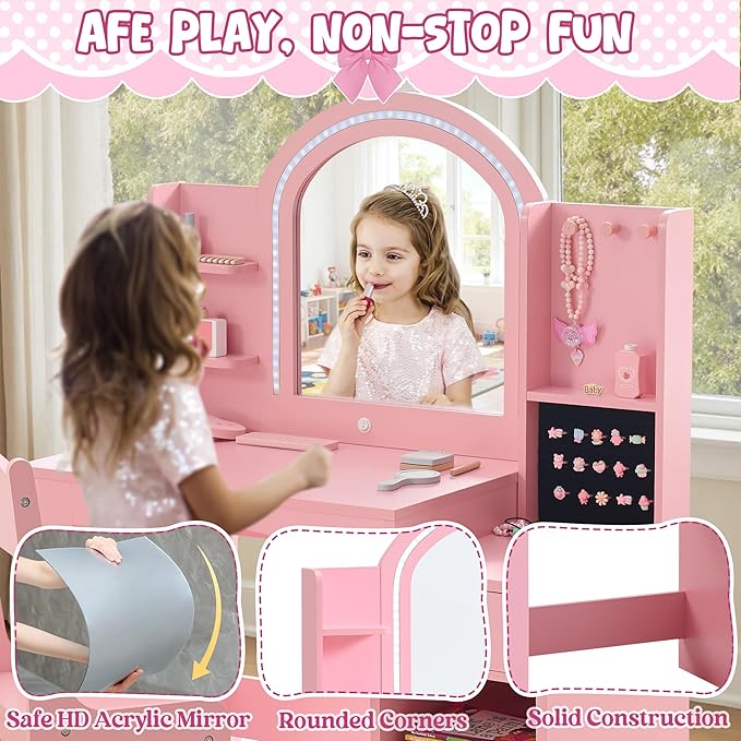 Kids Vanity Set with Lights, 2 in 1 Princess Makeup Vanity Desk with Jewelry Storage, Open Bookshelf, Storage Cabinet & Shelves for Little Girls (Pink)