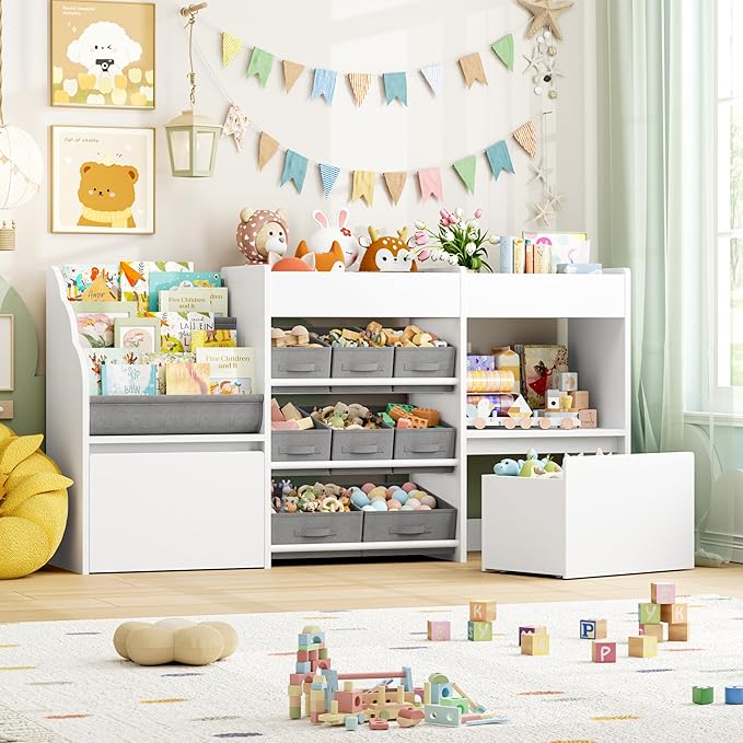62.2 inches Toy Storage Organizer and Kids Bookshelf, Toy Organizer with 2 Movable Drawers and 9 Box Bins, 4 Tier Toddler Bookshelf for Book Storage and Display