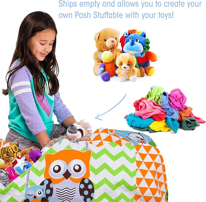 Posh Stuffable Kids Stuffed Animal Storage Bean Bag Chair Cover - Childrens Toy Organizer, X-Large-48 - Canvas Owls Green and Orange