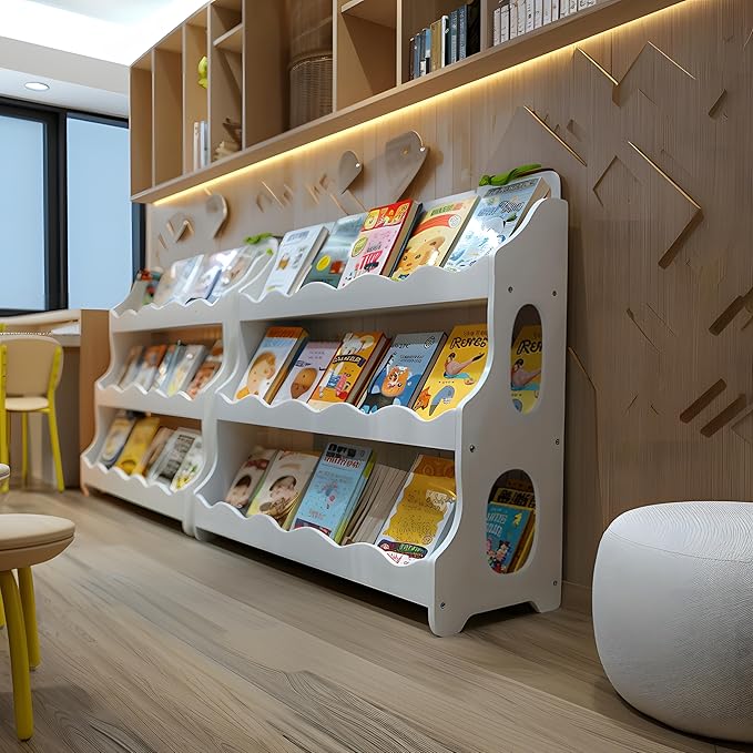 Kids Bookshelf Wooden Montessori Book Shelf Dutch Design 3Tier Scalloped,SnowfallWhite Gift