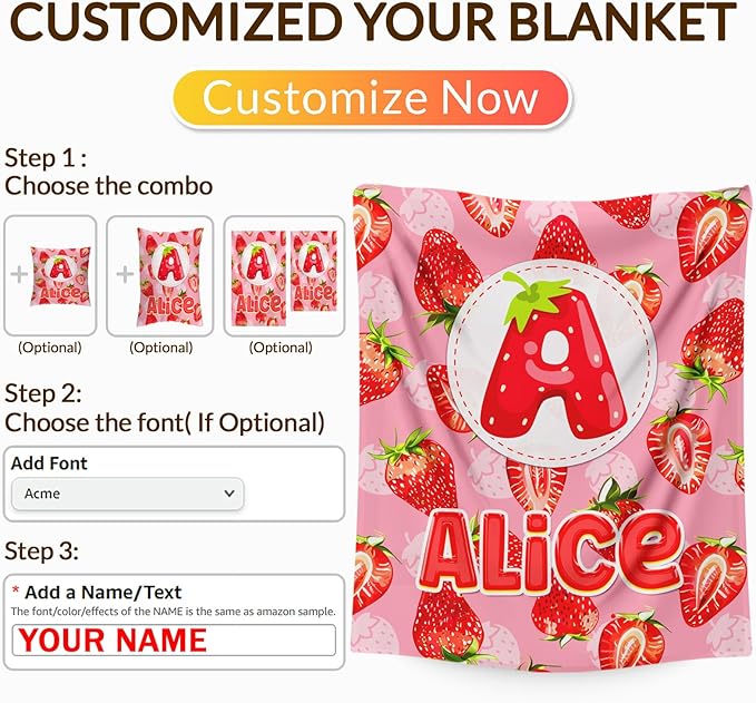 Personalized Blanket for Girls Kids Toddlers, Custom Strawberry Throw Blanket Gifts with Initial Letter, 4 Sizes Optional Soft Bedding Blankets for Couch Sofa Bed