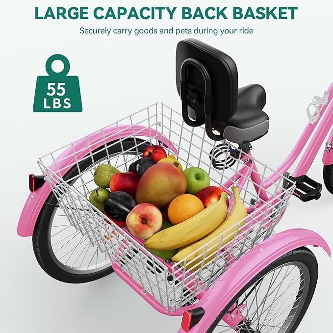 YITAHOME 24 & 26 Inch Adult Tricycle, 1 & 7 Speed 3 Wheel Bikes, Large Seat with Backrest Trike for Adults with Front & Rear Baskets, Cruiser Bike for Seniors Women Men Commute Picnic Outdoor