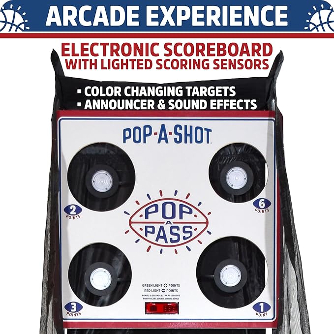 Pop-A-Shot | Official Pop-A-Pass Electronic Arcade Style Football Toss Game | 4 Inflatable Mini Footballs | Foldable, Portable, Tote Bag Included