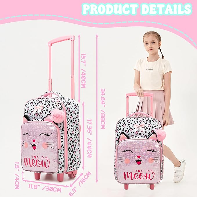 Girls Pink Cat Luggage with Wheels Suitcases Travel Softside Suitcases 16" Carry on Suitcase with Duffle Bag Luggage Sets Airline Approved