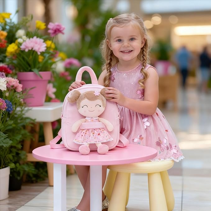 Gloveleya Kids Backpacks Girls Backpack Plush Bags Diaper Bag Backpack with Floral Doll Pink
