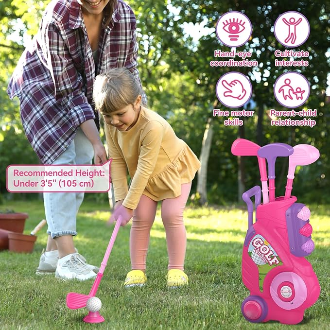 Liberry Toddler Golf Set for 2 3 4 Years Old Girls Boys, Upgraded Kids Golf Cart with Golf Cornhole Board & Putting Mat, Indoor and Outdoor Golf Toys Birthday Gift, Pink