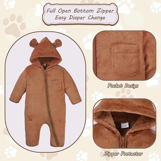 Newborn Snowsuit Baby Boy Bear Outfit Infant Girls Fleece Warm Jumpsuit Romper Winter Hooded Clothes