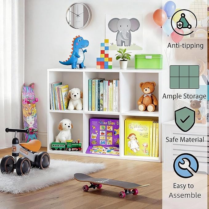 Kid's Bookshelf | 6-Cube Organizer | Kids' Room Book Shelf | Kids Toy Shelf- Anti-Tipping Design. Suitable for Kid's Rooms, bedrooms, Studies.（for Books, Toys, etc. Easy to Assemble）