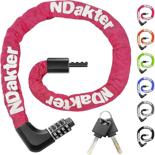 NDakter Upgrade Bike Chain Lock with 4 Digit Combination and 2 Keys, 3.2/4.28 Ft Heavy Duty Anti-Theft Bicycle Lock, 2 Ways to Unlock High Security Scooter Locks for Ebike, Escooter, Door