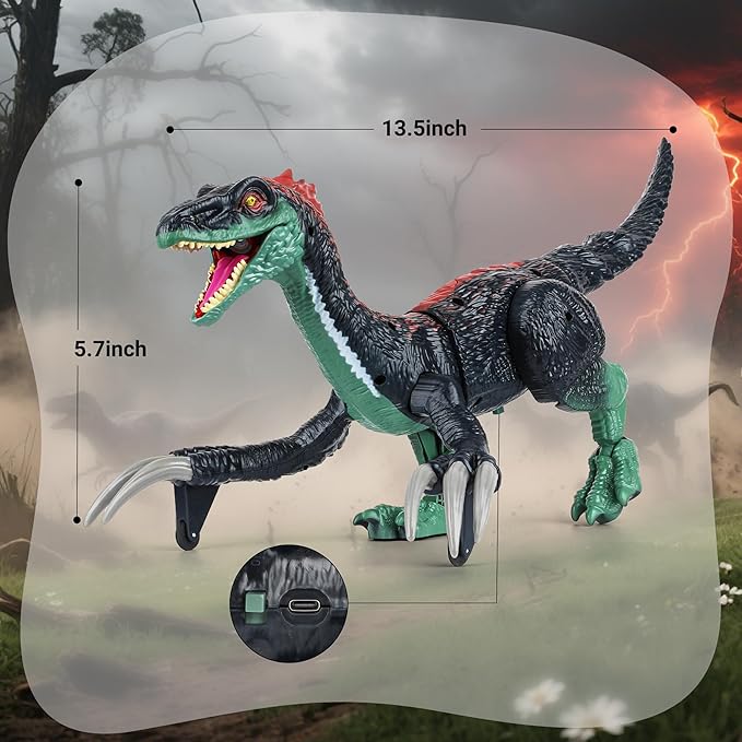 Remote Control Dinosaur Toys for Kids - Big Electronic RC Walking Realistic Dinosaur Toys with Spray & Light & Roar, Jurassic Velociraptor Toy Christmas Birthday Gift for Boys and Girls 3-12 (Green)