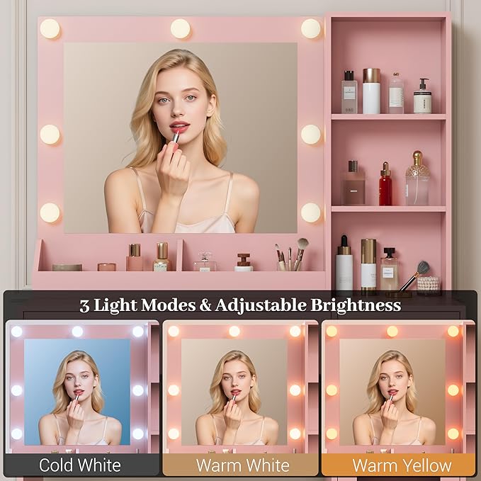Makeup Vanity with Mirror and Lights & Power Outlet, 34'' Small Vanity Desk with Drawers and Storage Cabinet & Makeup Tray, Dressing Table for Girls Bedroom Dressing Room, Pink