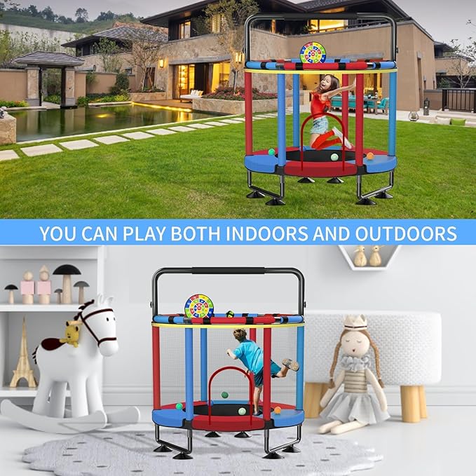 Trampoline for Kids, Upgrade Full Anti-Rust 440lbs Indoor Outdoor Toddler Trampoline with Net, 55" Adjustable Baby Toddler Trampolines Accessories with 8 Toys Dart Board