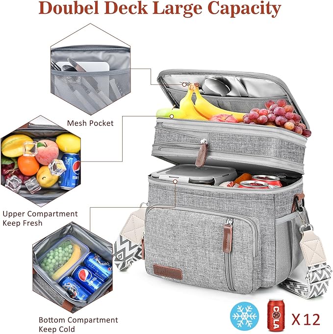 LOKASS Lunch Box & Lunch Bag for Women Men Double Deck, Large Insulated Adult Lunch Box Leakproof Lunchbox Cooler Bag for Work Picnic Beach,（Gray16L）