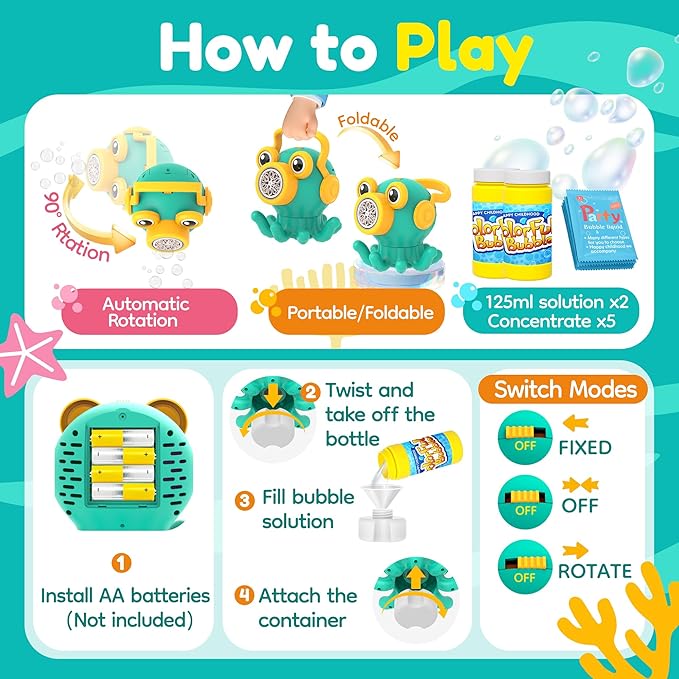 Octopus Bubble Machine Toys – Rotatable Portable Automatic Bubble Maker with LED Light for 3 to 7 Year Old Kids, Birthday Gifts for Ages 4-8, Outdoor Bath Time & Party Fun