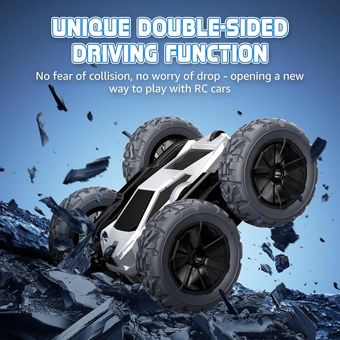 Remote Control Car for Boys, RC Monster Truck, USB Rechargeable 4WD RC Cars, 2.4Ghz Double Sided 360° Rotating Stunt Car, RC Cyber Toy Vehicle with LED Lights, Xmas/Birthday Gift for Kids Age 3+