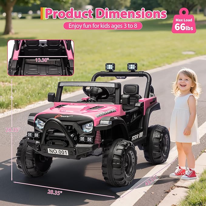 Kids Ride On Truck Car, 12V Ride On Toy Battery Powered Vehicles w/Parent Remote, Spring Suspension, Electric Car for Kids with Bluetooth Music, LED Light, Ideal Car Gift for Boys Girls, Pink